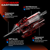 CNC SMP Tattoo Cartridge cutaway: highlights soft membrane, transparent safety tip for less trauma, and SMP needle for hair follicle ink.